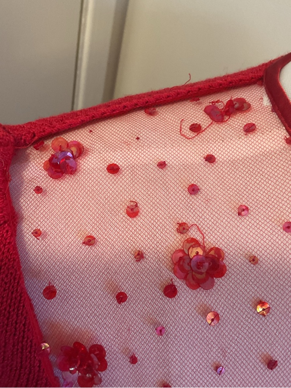 Vintage St. John Marie Gray Red Sequin Knit Mini Dress Small Illusion Beaded - Picture 5 of 7